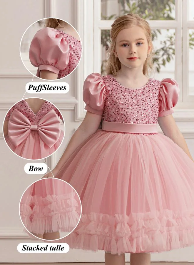 Take Two  Girls Pink Sequin Puff Sleeve Ruffles Hem Dress for Women | Best Price UAE